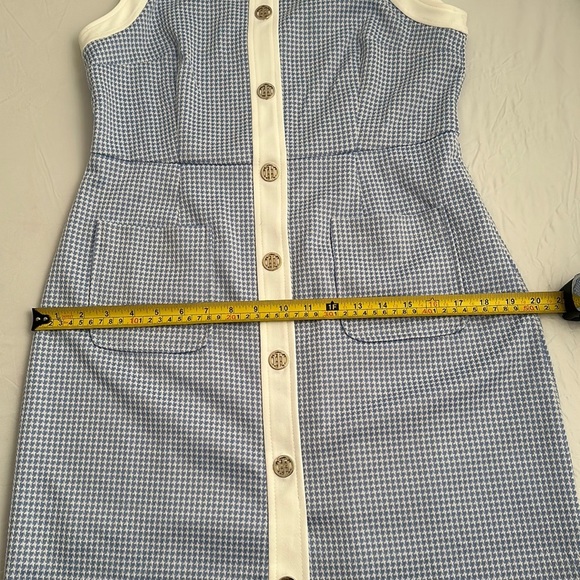 Tommy Hilfiger blue and white check print stretch sheath dress with logo buttons - Picture 7 of 10
